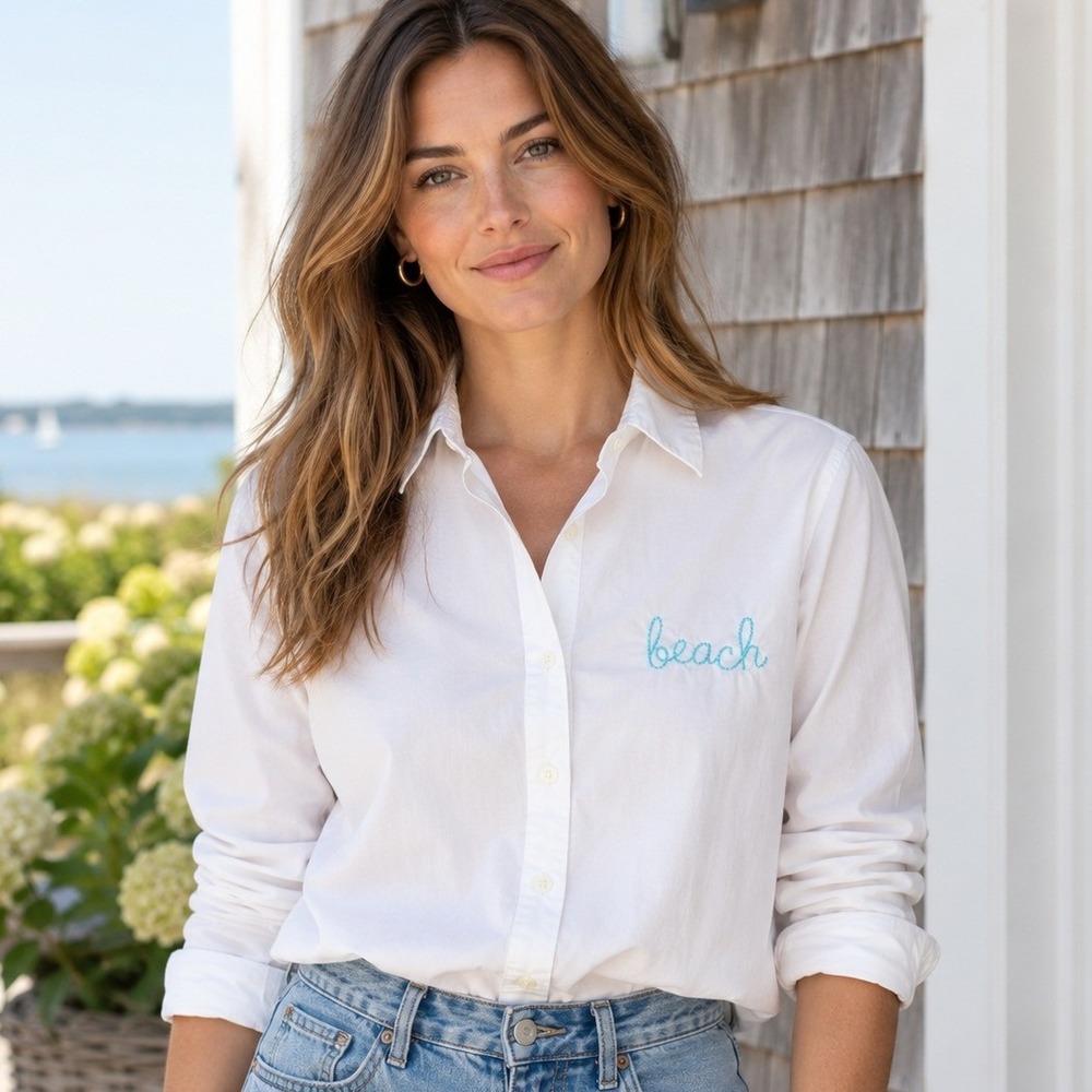 Lingua Franca Womens Hand Embroidered Shirt S White Beach Cotton Button Down